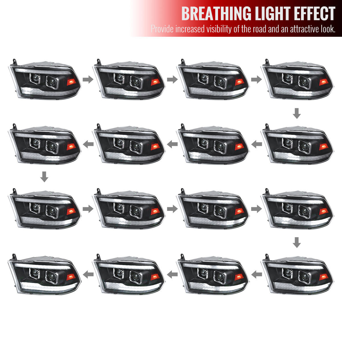 Spec-D Tuning - 2009-2018 Dodge RAM 1500  / 2019-2021 RAM Classic / 2010-2018 RAM 2500 3500 Switchback Sequential Projector Headlights (Matte Black Housing/Clear Lens) - 2LHP-RAM09JMG7-SQ-RS