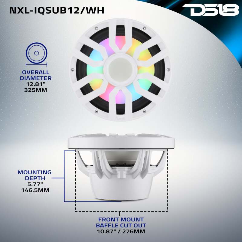 DS18 NXL-iQ Subwoofer w/ LED Lights 12in 600 Watts RMS 4 ohm White w/ Cover - NXL-iQ12SUB/WH - angle view