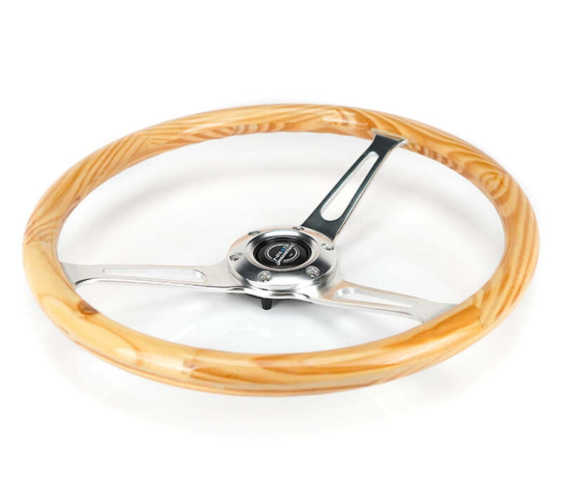NRG Reinforced Steering Wheel (380mm) Light Wood Grain w/3-Spoke Center Shinny Chrome - RST-380RG - close-up view