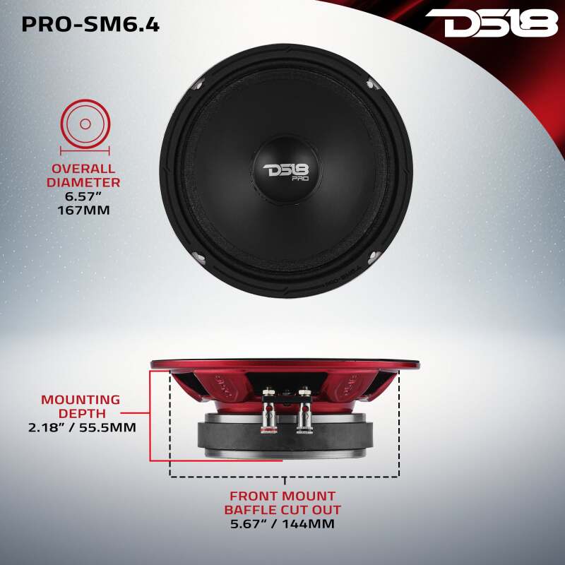 DS18 6.5 200 Watts RMS 4ohm Mid-Range Shallow - PRO-SM6.4 - angle view