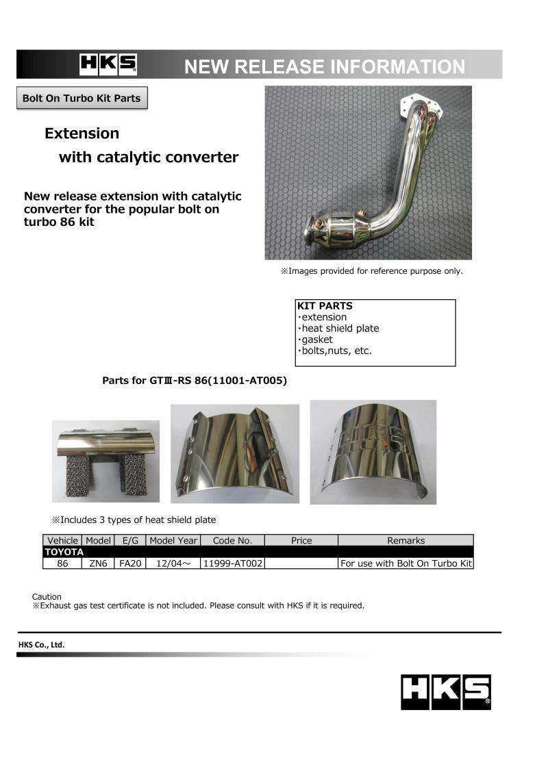 HKS 12-19 Subaru BRZ/Scion FR-S/Toyota 86 Extension Kit w/ Catalytic Converter - 11999-AT002