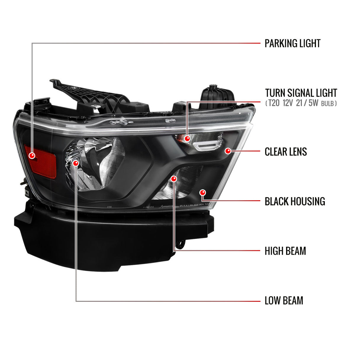 Spec-D Tuning - 2019-2024 Dodge Ram 1500 Factory Style Crystal Headlight - Passenger Side Only (Black Housing / Clear Lens) - 2LH-RAM1915JM-R-RS