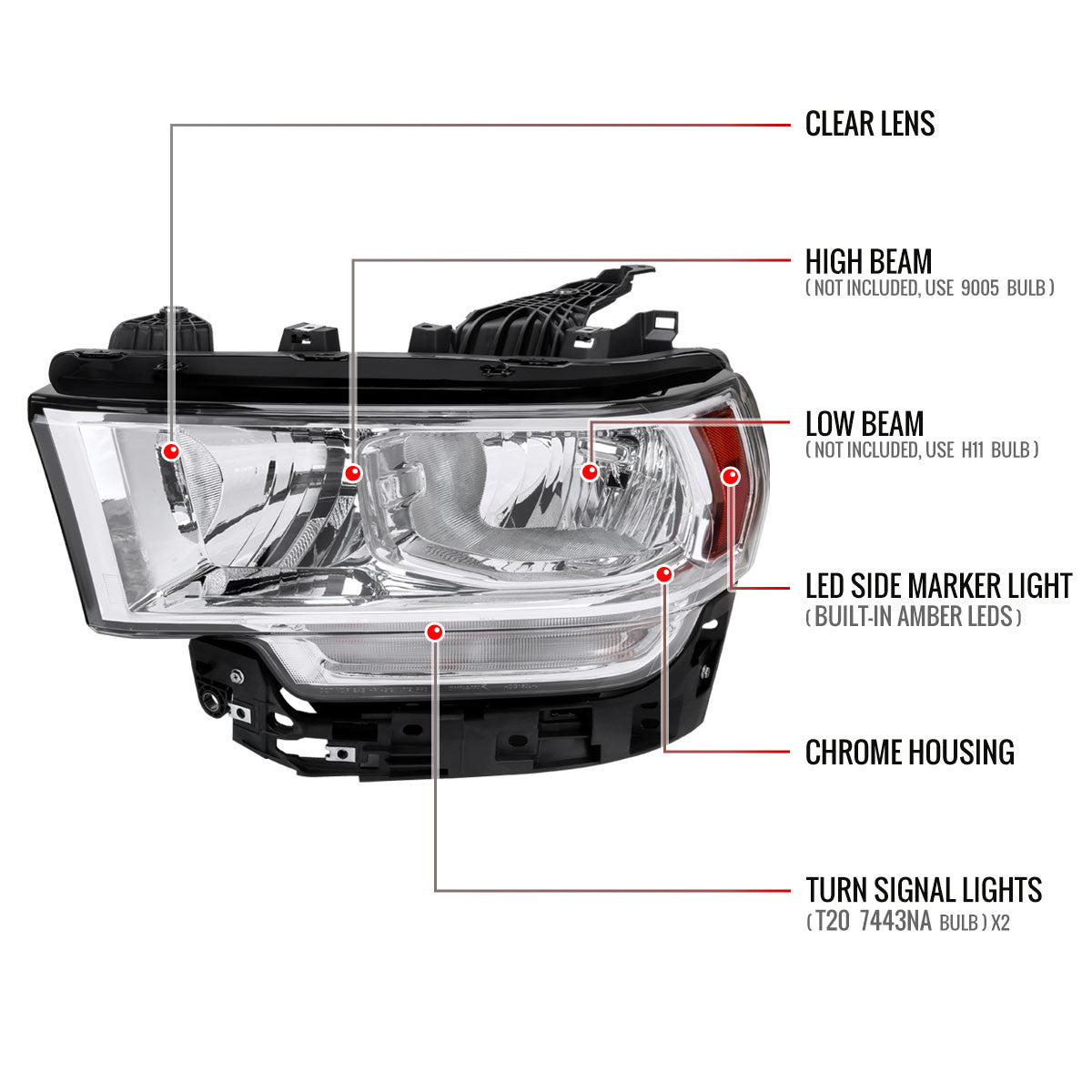 Spec-D Tuning - 2019-2024 Dodge Ram 2500 3500 Factory Style Crystal Headlight - Driver Side Only (Chrome Housing / Clear Lens) - 2LH-RAM1925-L-RS