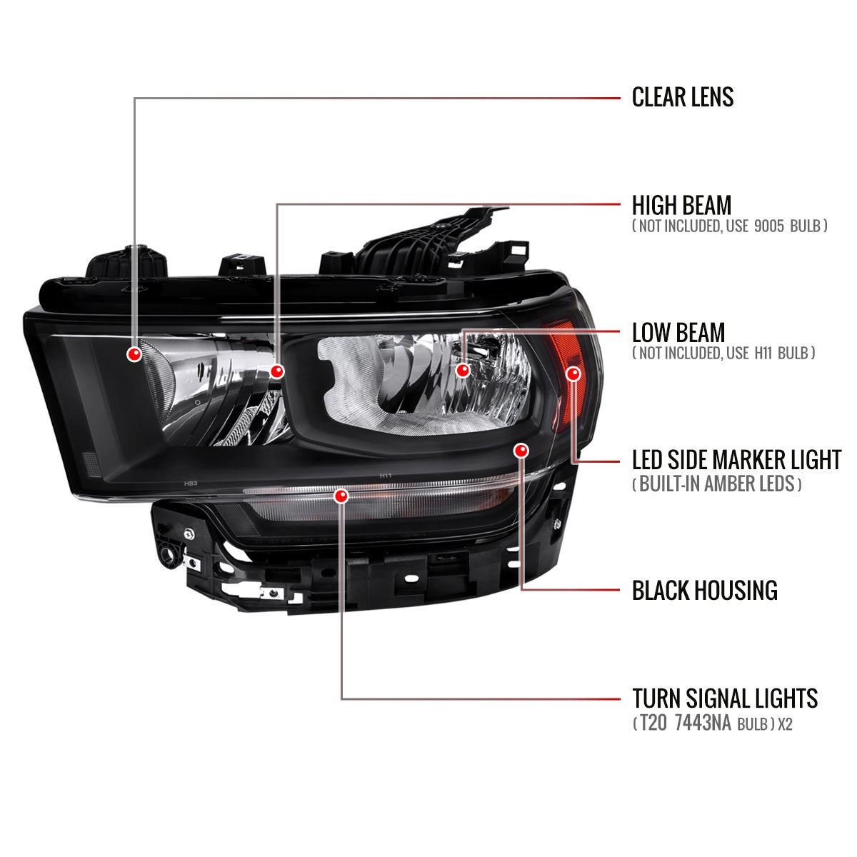 Spec-D Tuning - 2019-2024 Dodge Ram 2500 3500 Factory Style Crystal Headlight - Driver Side Only (Black Housing / Clear Lens) - 2LH-RAM1925JM-L-RS