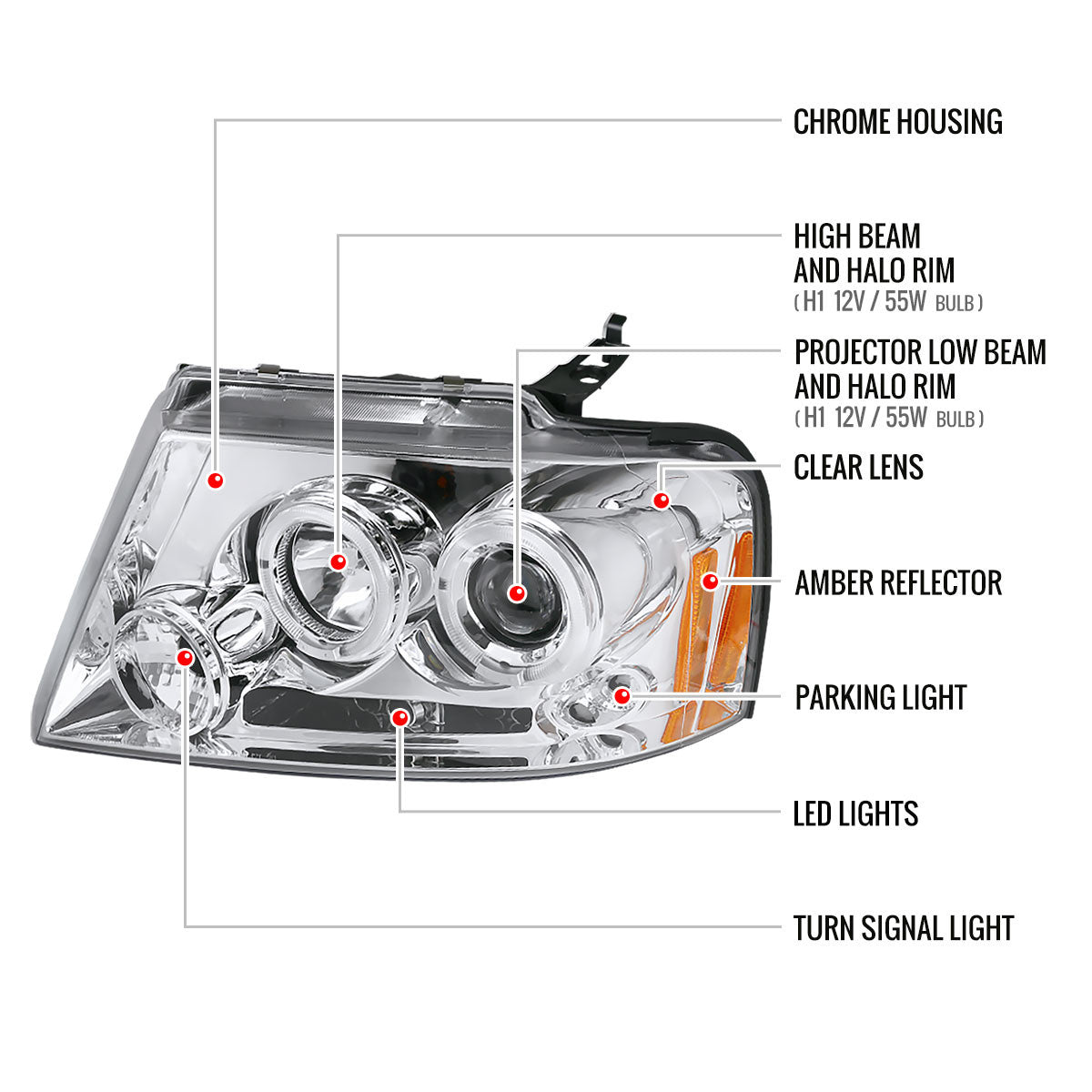 Spec-D Tuning - 2004-2008 Ford F-150/ 2006-2008 Lincoln Mark LT Dual Halo Projector Headlights (Chrome Housing/Clear Lens) - 2LHP-F15004-TM