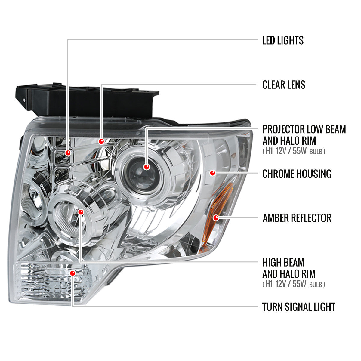 Spec-D Tuning - 2009-2014 Ford F-150 Dual Halo Projector Headlights (Chrome Housing/Clear Lens) - 2LHP-F15009-TM