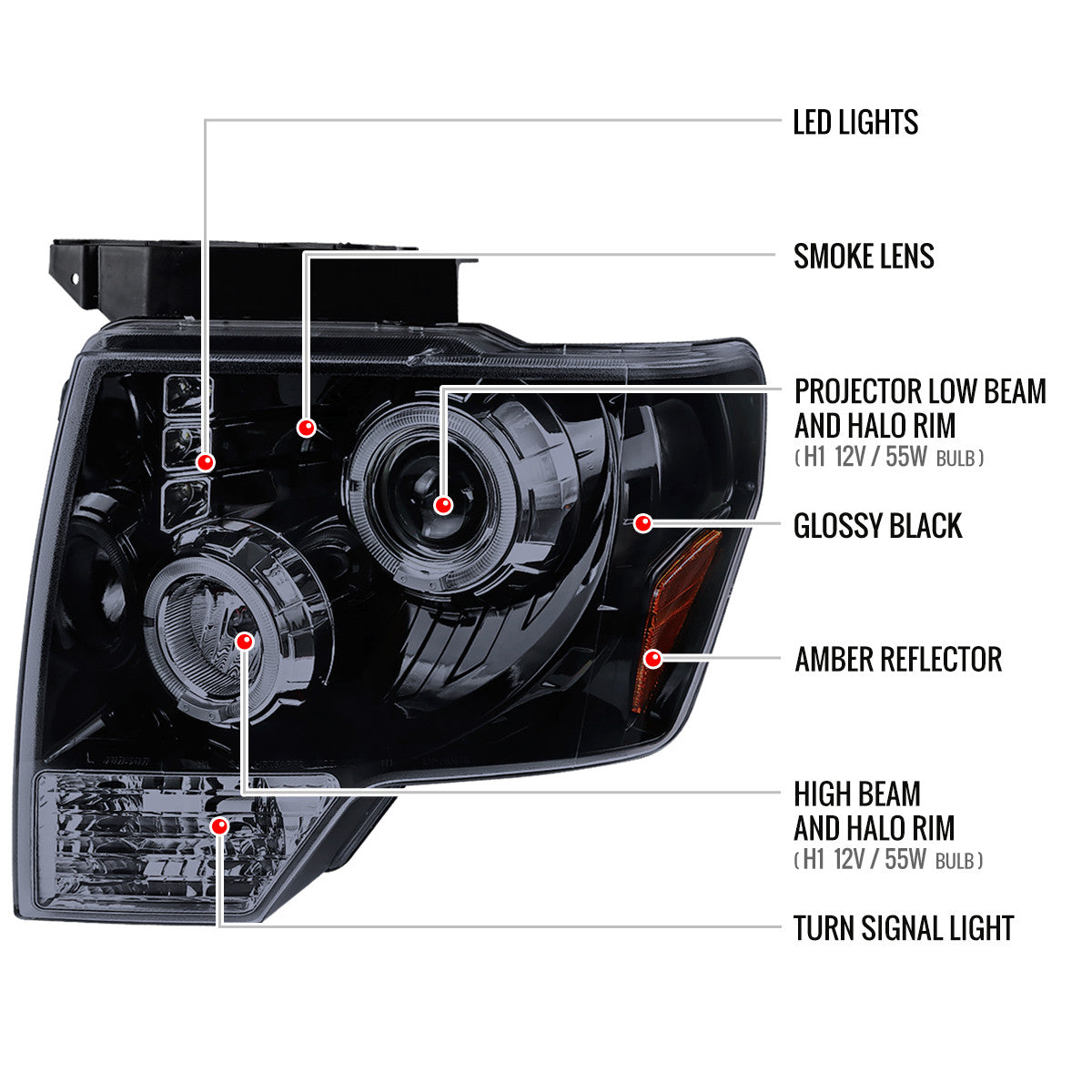 Spec-D Tuning - 2009-2014 Ford F-150 Dual Halo Projector Headlights (Glossy Black Housing/Smoked Lens) - 2LHP-F15009G-TM