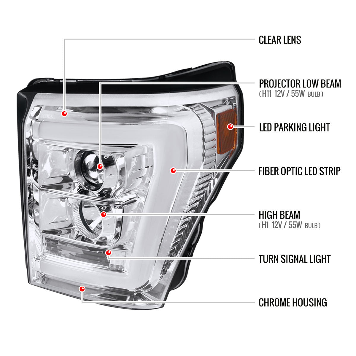 Spec-D Tuning - 2011-2016 F-250/F-350/F-450/F-550 LED C-Bar Projector Headlights (Chrome Housing/Clear Lens) - 2LHP-F25011-TM