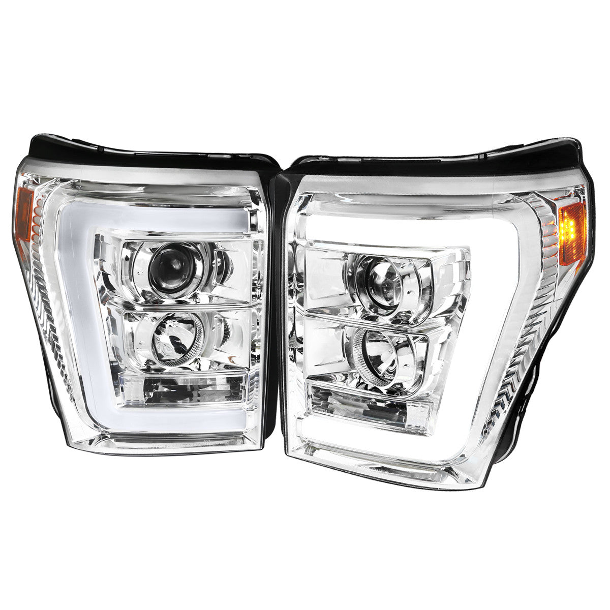 Spec-D Tuning - 2011-2016 F-250/F-350/F-450/F-550 LED C-Bar Projector Headlights (Chrome Housing/Clear Lens) - 2LHP-F25011-TM