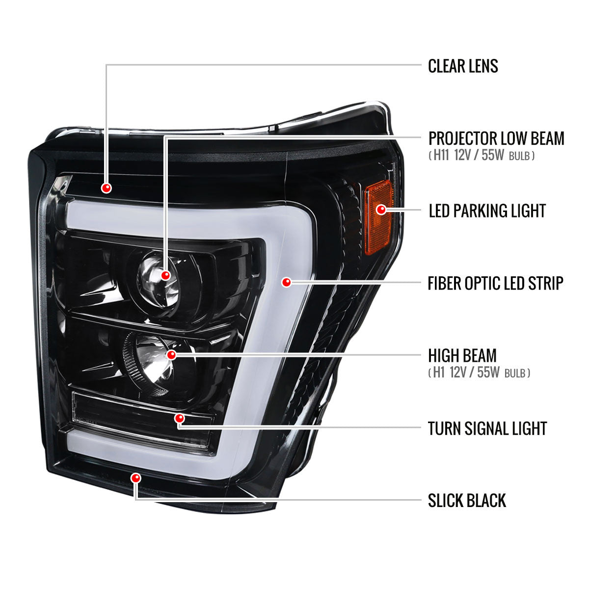 Spec-D Tuning - 2011-2016 F-250/F-350/F-450/F-550 LED C-Bar Projector Headlights (Jet Black Housing/Clear Lens) - 2LHP-F25011BK-TM