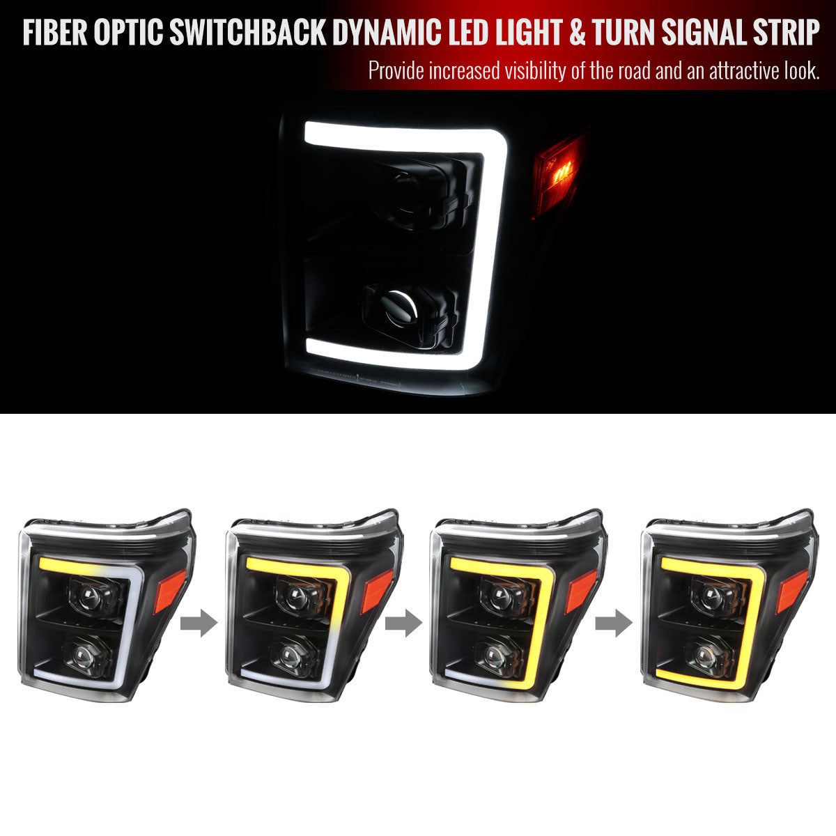 Spec-D Tuning - 2011-2016 Ford F-250 F-350 F-450 F-550 Switchback Sequential LED C-Bar Projector Headlights (Matte Black Housing/Clear Lens) - 2LHP-F25011JM-SQ-RS