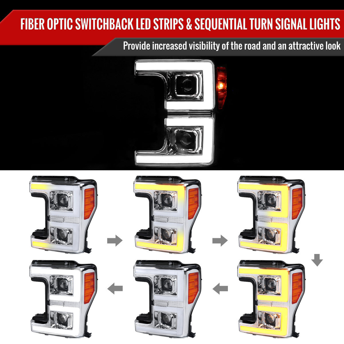 Spec-D Tuning - 2017-2019 Ford F-250 F-350 F-450 F-550 LED C-Bar Projector Headlights w/ Switchback Sequential Turn Signals (Chrome Housing/Clear Lens) - 2LHP-F25017-SQ-RS