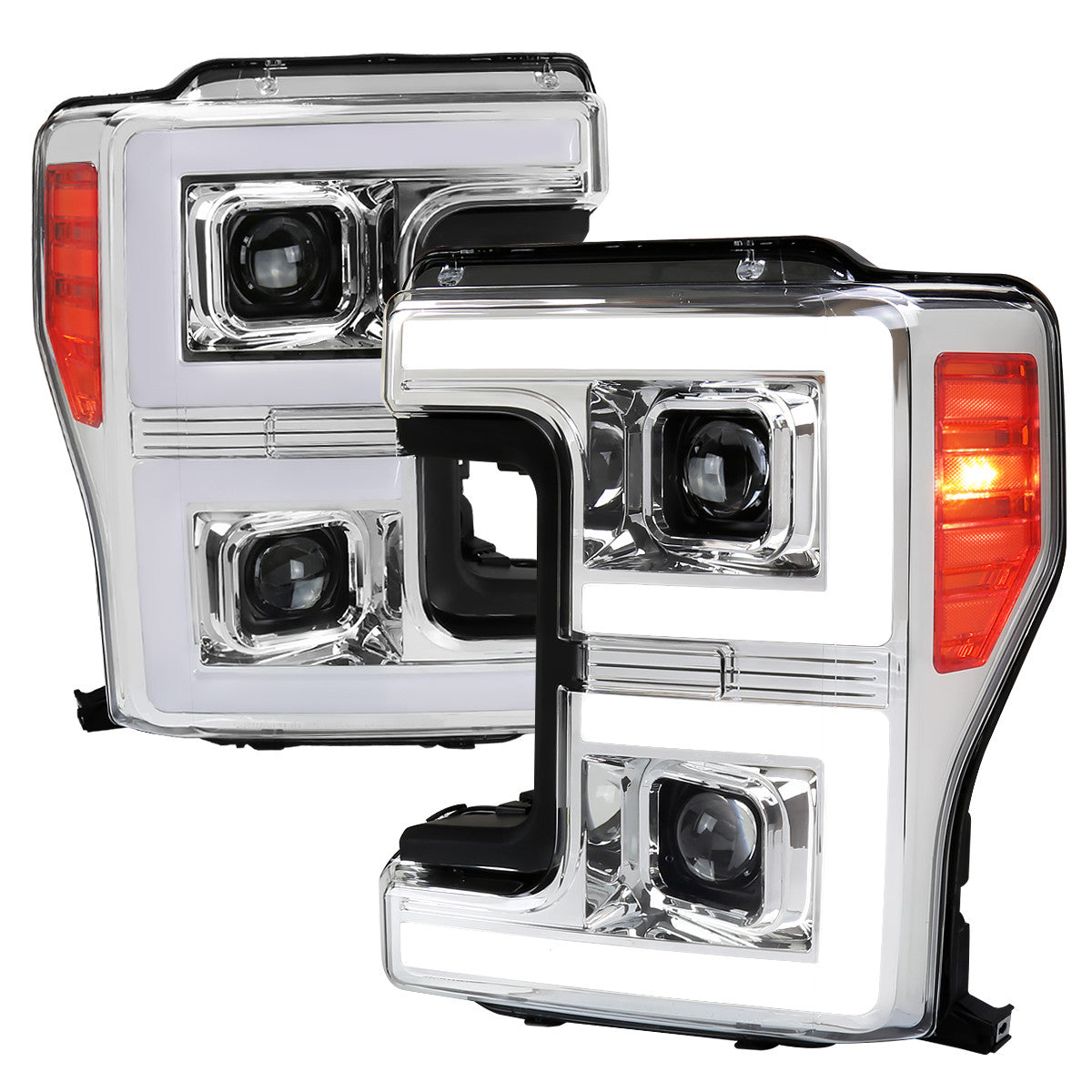 Spec-D Tuning - 2017-2019 Ford F-250 F-350 F-450 F-550 LED C-Bar Projector Headlights w/ Switchback Sequential Turn Signals (Chrome Housing/Clear Lens) - 2LHP-F25017-SQ-RS