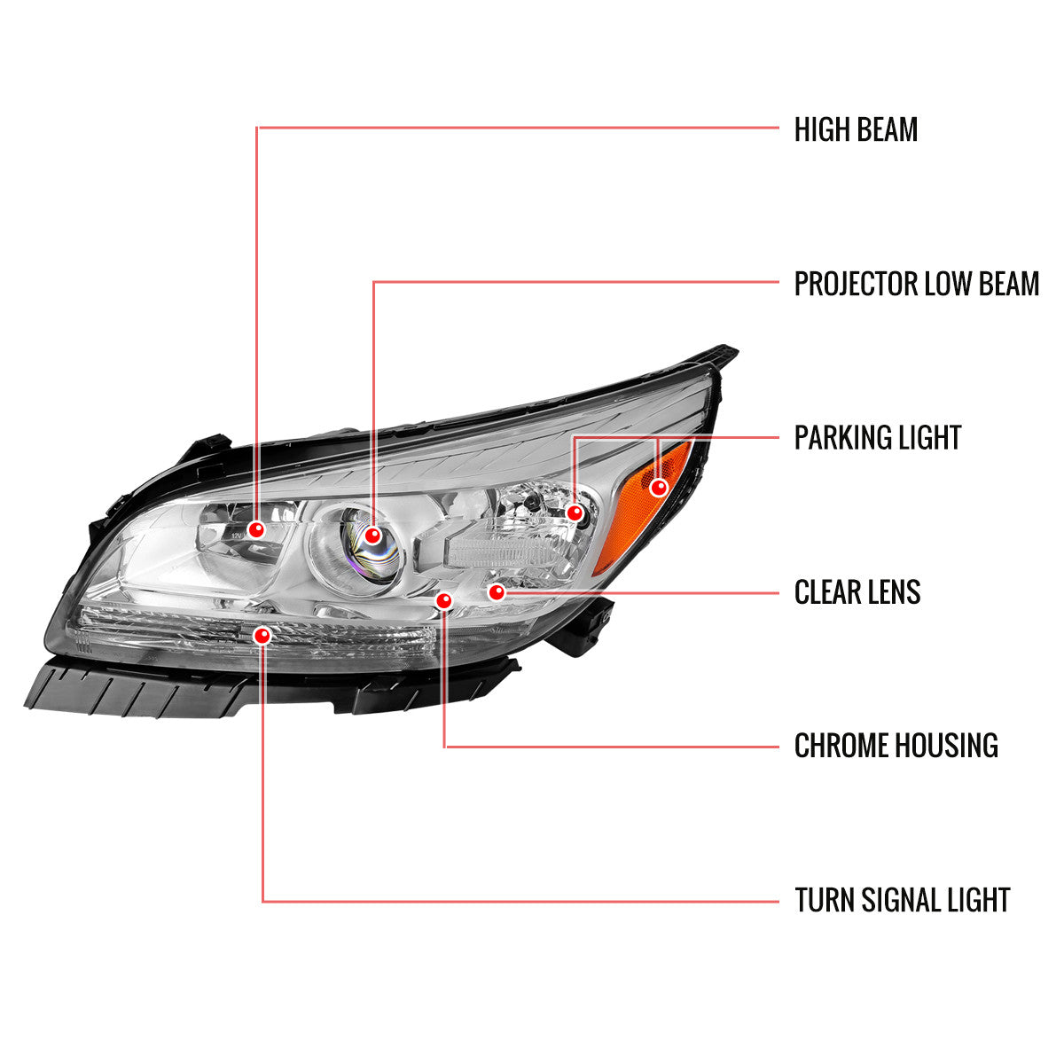 Spec-D Tuning - 2013-2015 Chevrolet Malibu / 2016 Malibu Limited Projector Headlights w/ Amber Reflectors (Chrome Housing/Clear Lens) - 2LHP-MBU13-GO