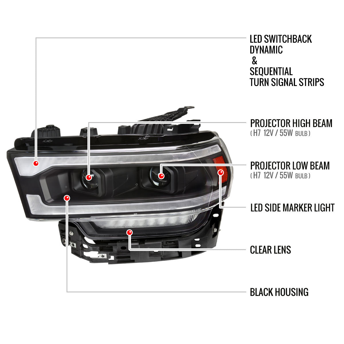 Spec-D Tuning - 2019-2024 Dodge RAM 2500/3500/4500/5500 Switchback Sequential LED Turn Signal Projector Headlights (Matte Black Housing/Clear Lens) - 2LHP-RAM1925JM-SQ-RS