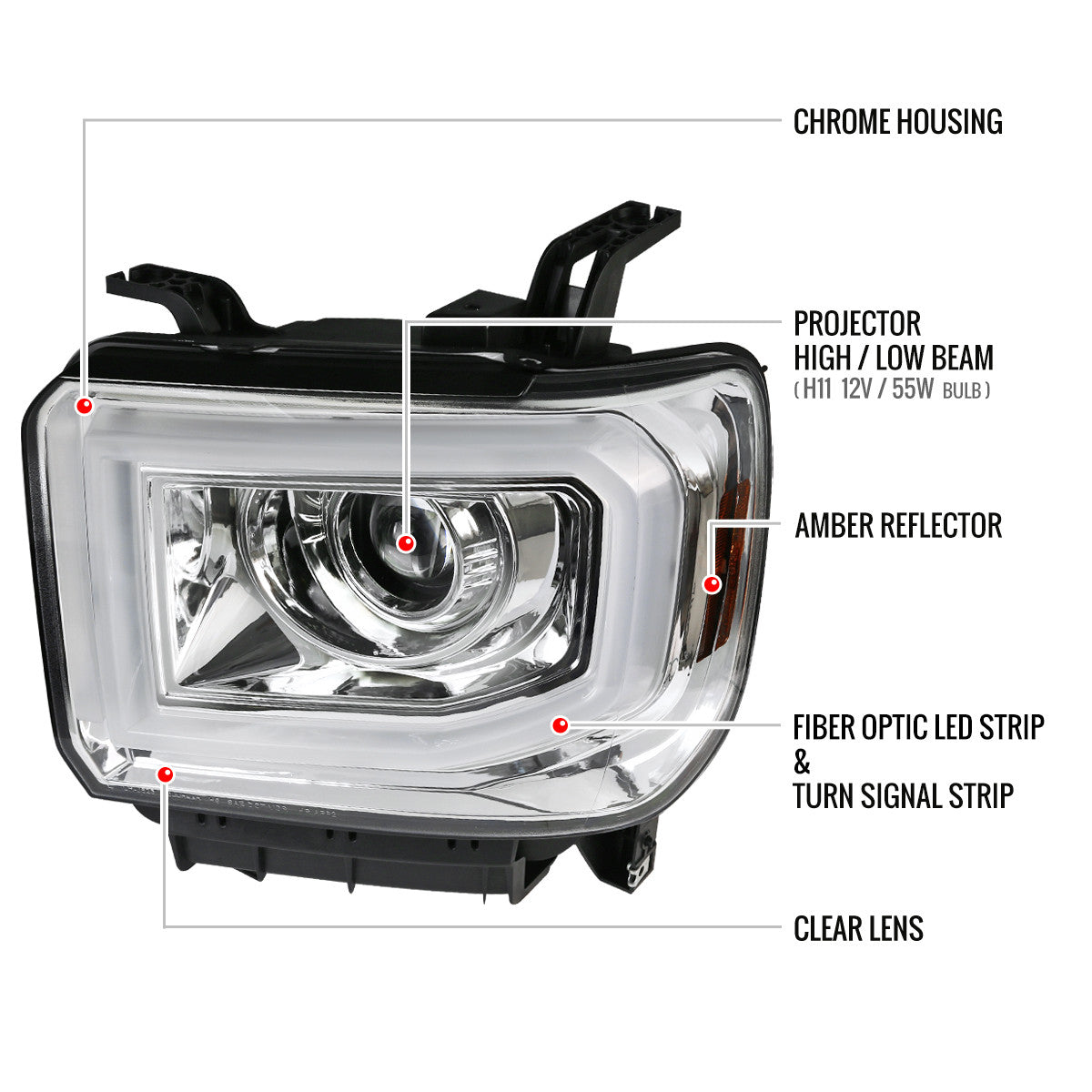 Spec-D Tuning - 2014-2019 GMC Sierra 1500/2500HD/3500HD LED Bar Projector Headlight w/ LED Turn Signals (Chrome Housing/Clear Lens) - 2LHP-SIE14-TM