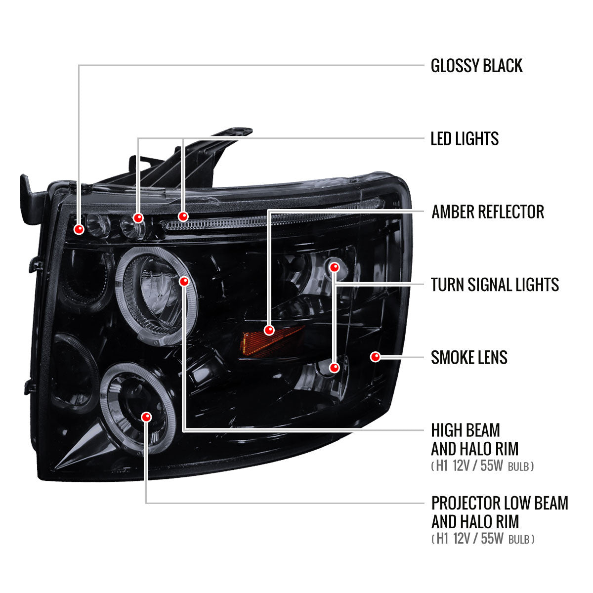 Spec-D Tuning - 2007-2013 Chevrolet Silverado 1500/ 2007-2014 Silverado 2500HD 3500HD Dual Halo Projector Headlights (Glossy Black Housing/Smoked Lens) - 2LHP-SIV07G-TM