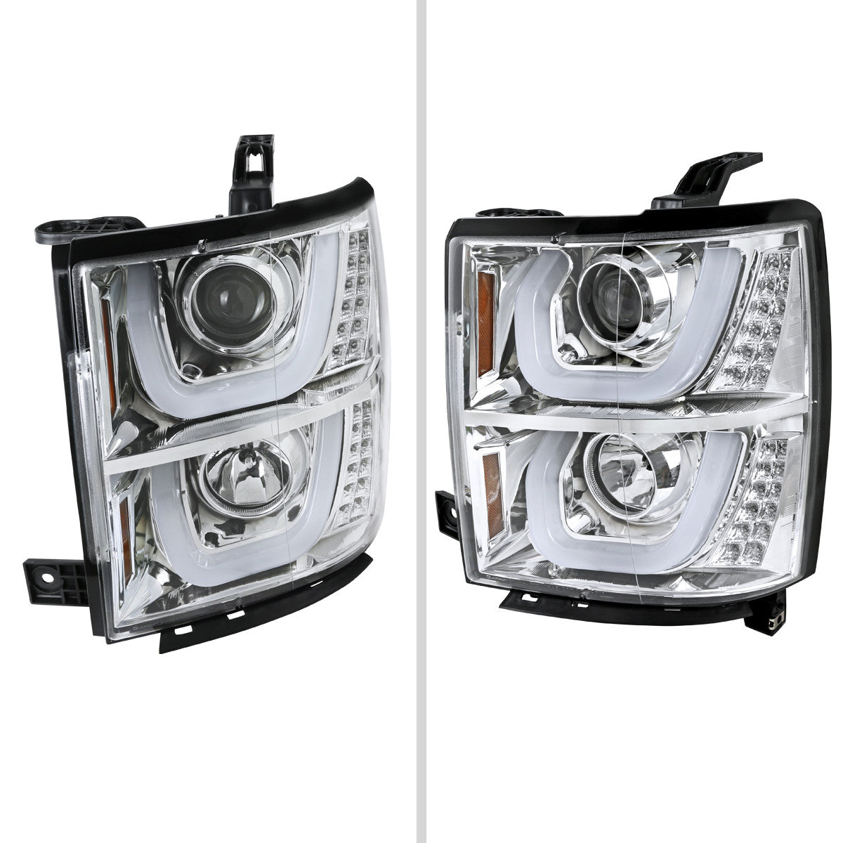Spec-D Tuning - 2014-2015 Chevrolet Silverado 1500 Dual LED U-Bar Projector Headlights w/ LED Turn Signal Lights (Chrome Housing/Clear Lens) - 2LHP-SIV14-TM