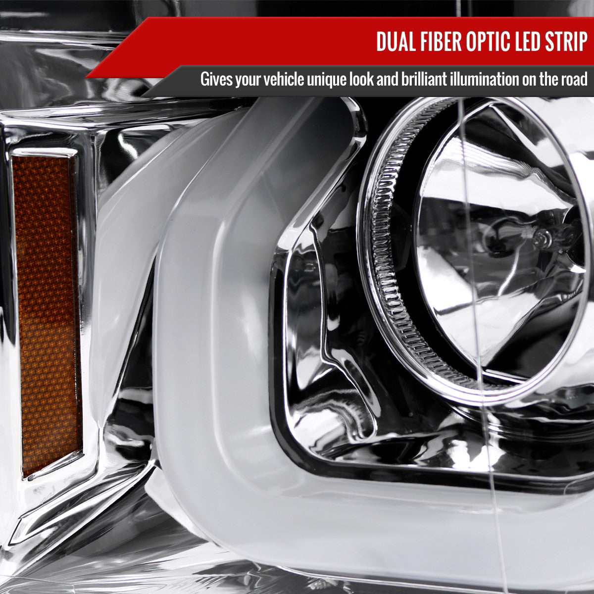 Spec-D Tuning - 2014-2015 Chevrolet Silverado 1500 Dual LED U-Bar Projector Headlights w/ LED Turn Signal Lights (Chrome Housing/Clear Lens) - 2LHP-SIV14-TM
