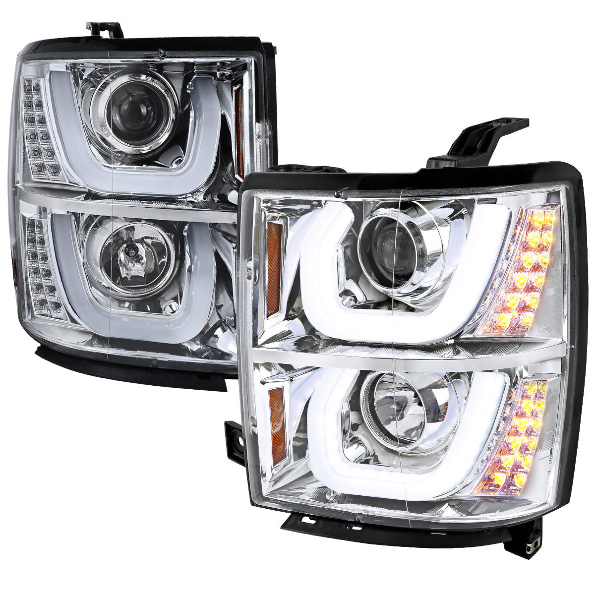 Spec-D Tuning - 2014-2015 Chevrolet Silverado 1500 Dual LED U-Bar Projector Headlights w/ LED Turn Signal Lights (Chrome Housing/Clear Lens) - 2LHP-SIV14-TM