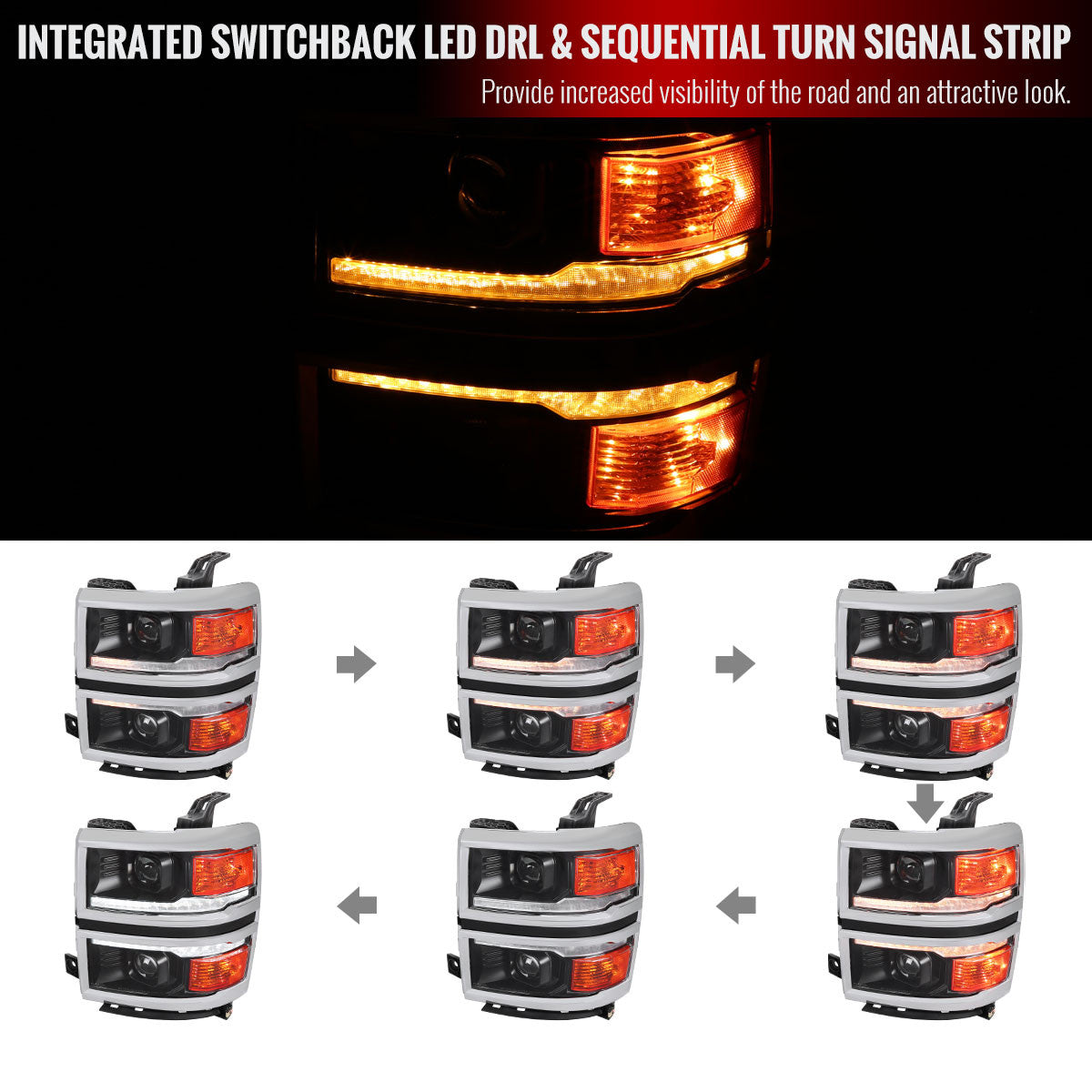 Spec-D Tuning - 2014-2015 Chevrolet Silverado 1500 Switchback Sequential LED Bar Projector Headlights (Matte Black Housing/Clear Lens/Chrome Trim) - 2LHP-SIV14JM-C-SQ-RS