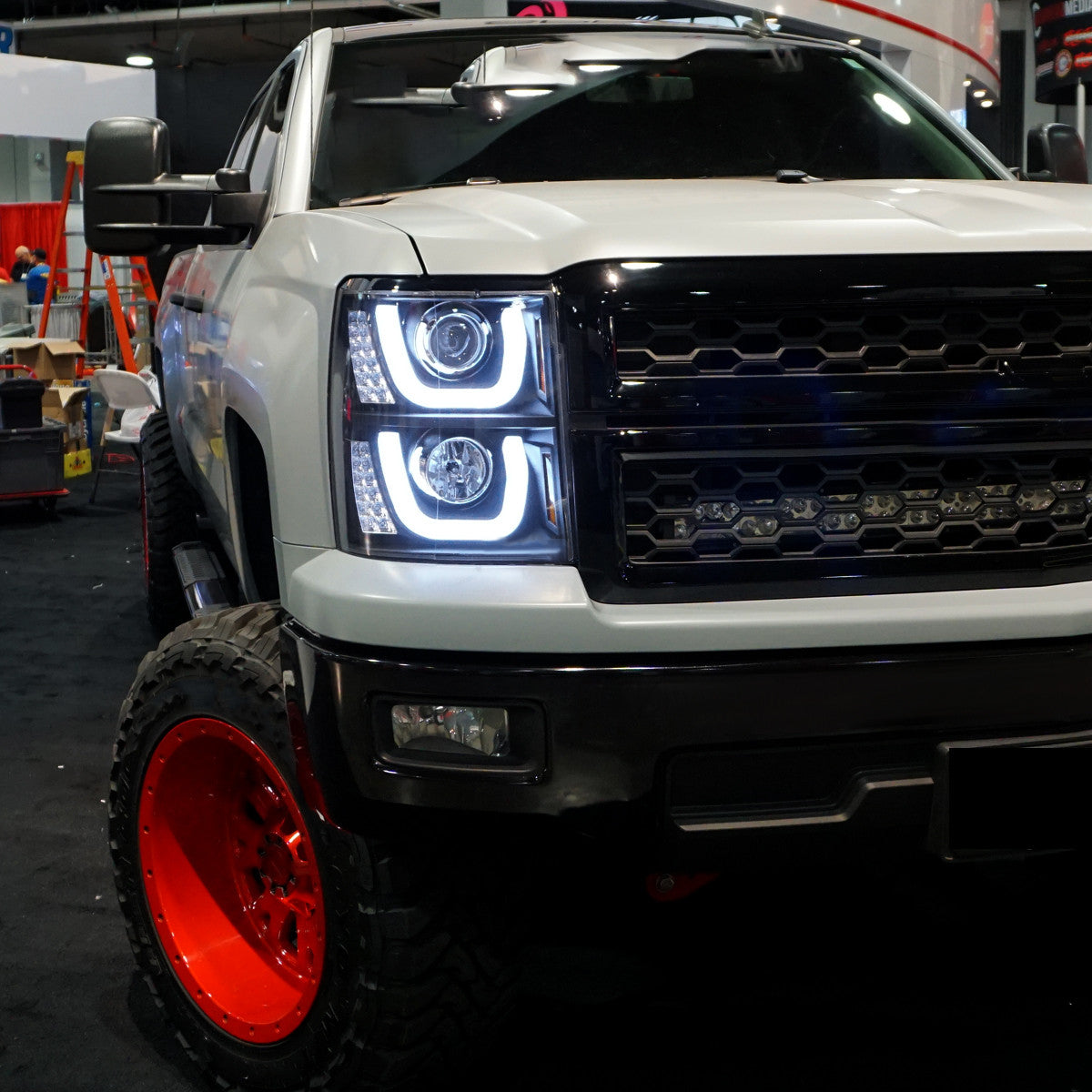 Spec-D Tuning - 2014-2015 Chevrolet Silverado 1500 LED U-Bar Projector Headlights w/ LED Turn Signal Lights (Matte Black Housing/Clear Lens) - 2LHP-SIV14JM-WJ