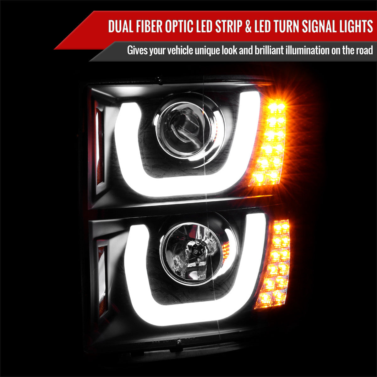 Spec-D Tuning - 2014-2015 Chevrolet Silverado 1500 LED U-Bar Projector Headlights w/ LED Turn Signal Lights (Matte Black Housing/Clear Lens) - 2LHP-SIV14JM-WJ
