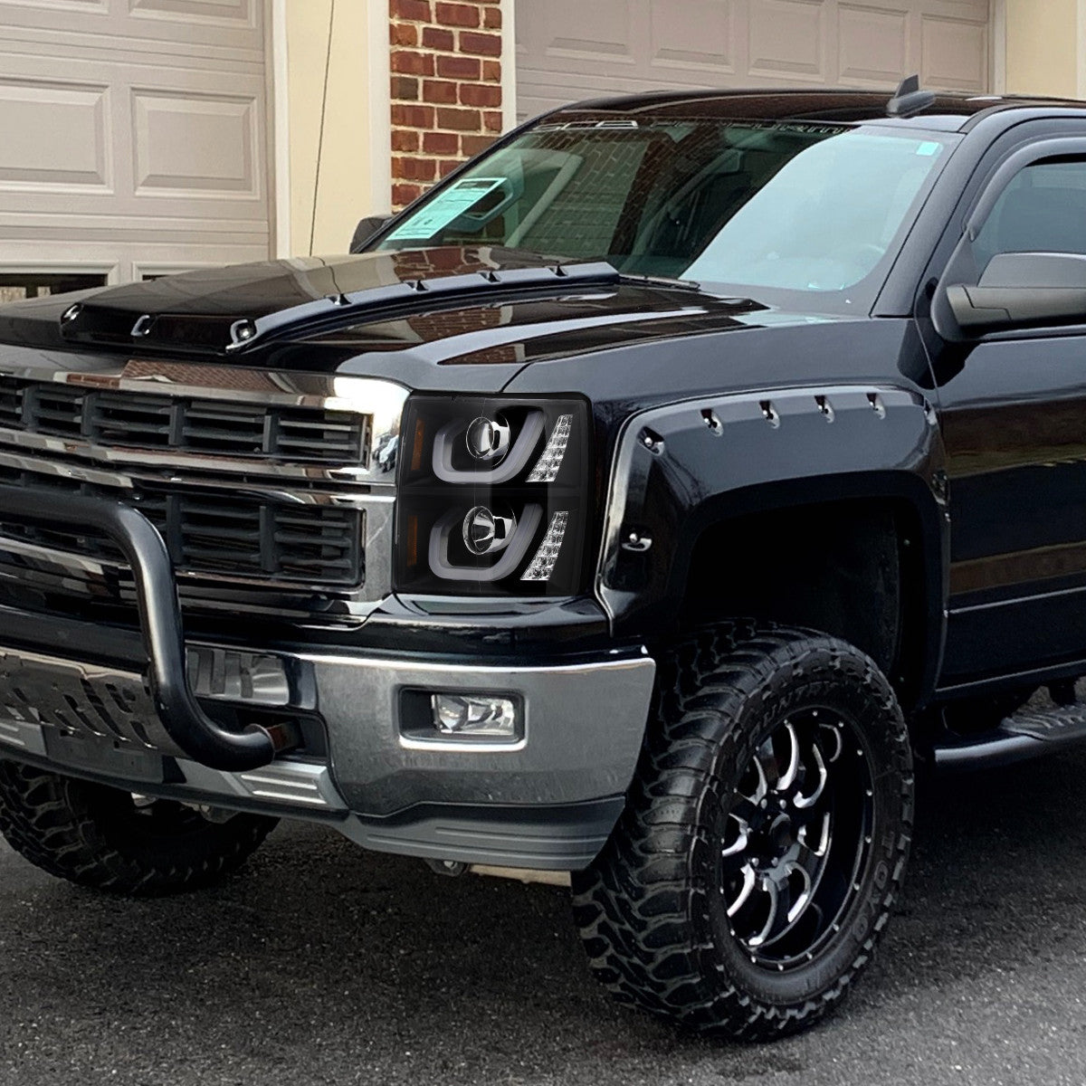 Spec-D Tuning - 2014-2015 Chevrolet Silverado 1500 LED U-Bar Projector Headlights w/ LED Turn Signal Lights (Matte Black Housing/Clear Lens) - 2LHP-SIV14JM-WJ