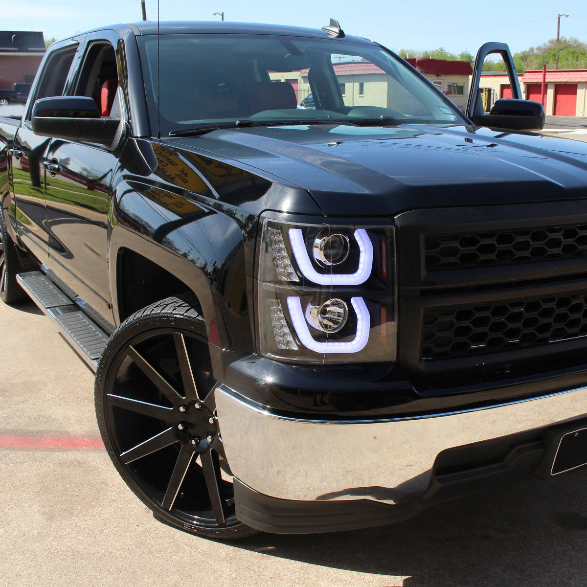 Spec-D Tuning - 2014-2015 Chevrolet Silverado 1500 LED U-Bar Projector Headlights w/ LED Turn Signal Lights (Matte Black Housing/Clear Lens) - 2LHP-SIV14JM-WJ