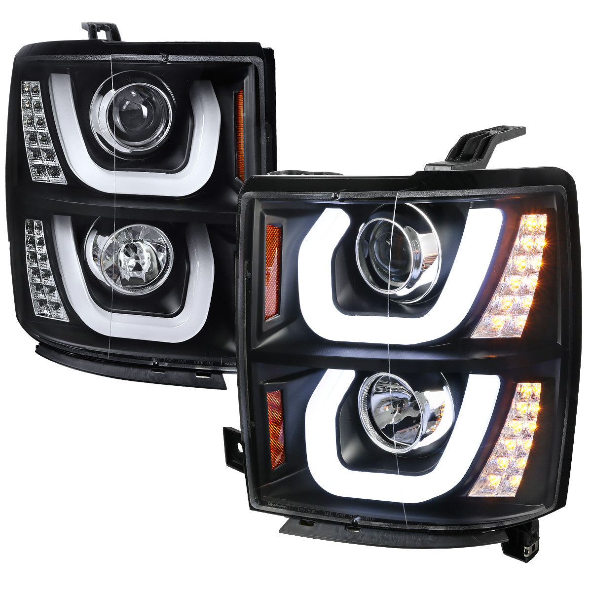 Spec-D Tuning - 2014-2015 Chevrolet Silverado 1500 LED U-Bar Projector Headlights w/ LED Turn Signal Lights (Matte Black Housing/Clear Lens) - 2LHP-SIV14JM-WJ