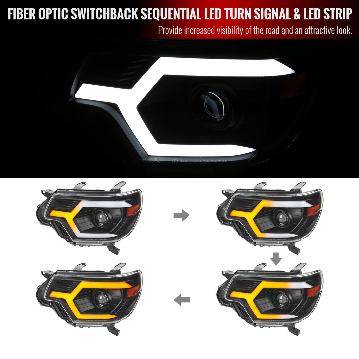 Spec-D Tuning - 2012-2015 Toyota Tacoma Switchback Sequential LED Bar Projector Headlights (Matte Black Housing/Clear Lens) - 2LHP-TAC12JM-SQ-RS