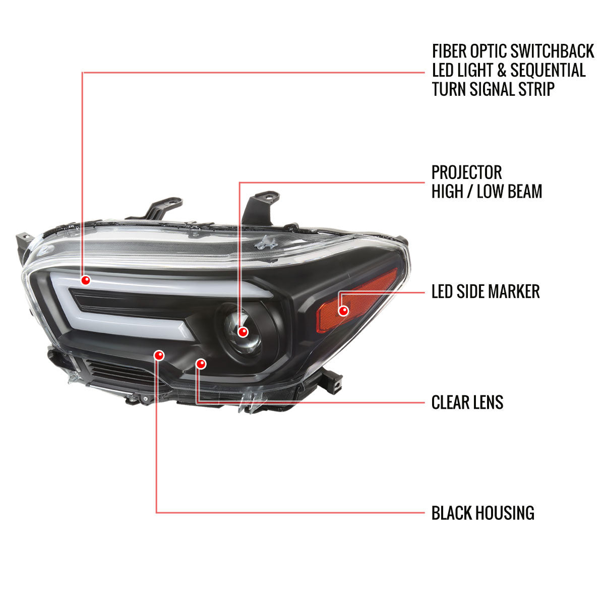 Spec-D Tuning - 2016-2023 Toyota Tacoma Switchback Sequential LED Bar Projector Headlights (Matte Black Housing/Clear Lens) - 2LHP-TAC16JM-SQ-RS