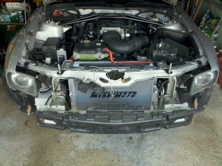 Mishimoto 05+ Ford Mustang Manual Aluminum Radiator - MMRAD-MUS-05 for 2005-2014 Ford Mustang - installed view