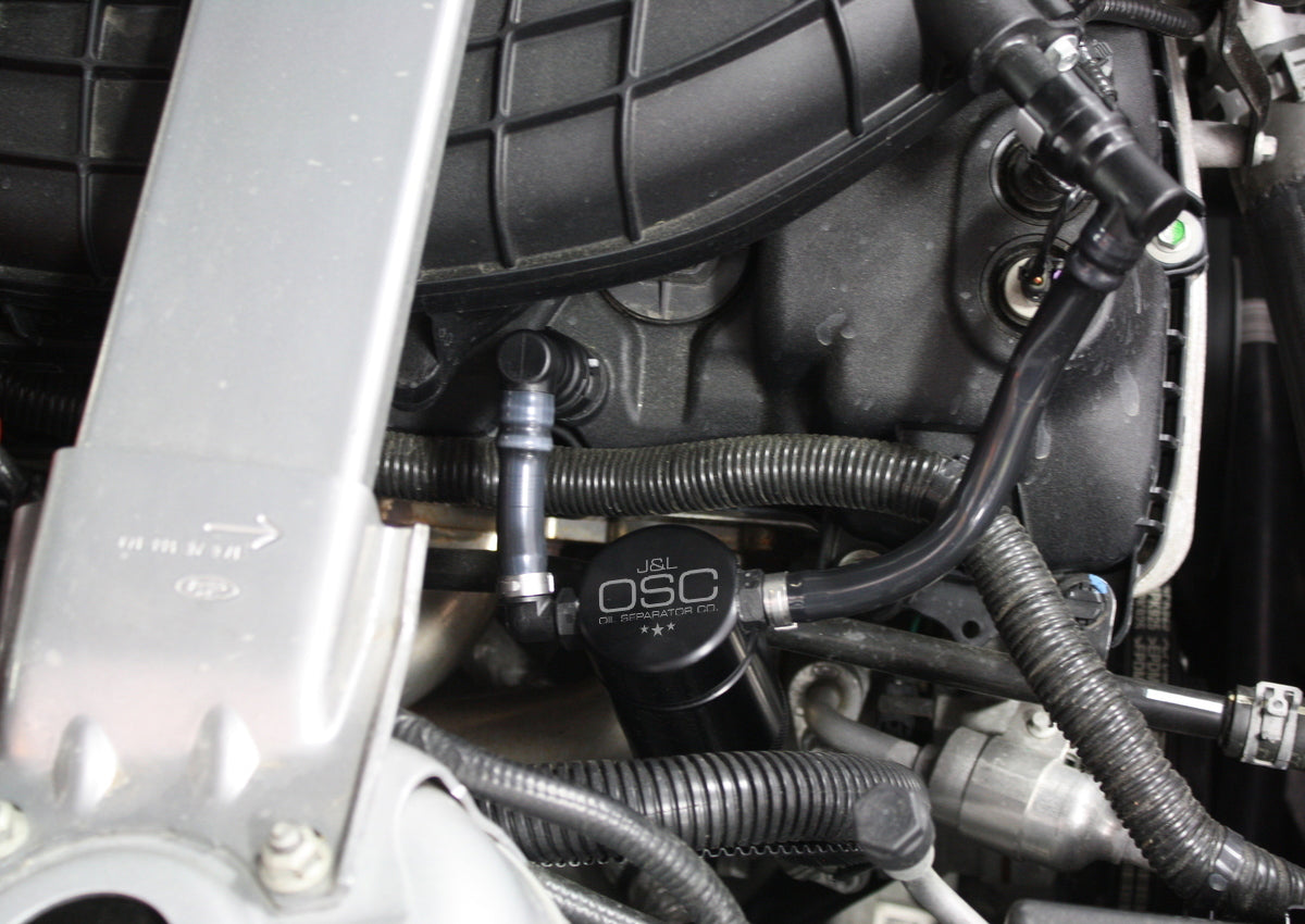J&L 11-17 Ford Mustang V6 Passenger Side Oil Separator 3.0 - Black Anodized - 3014P-B