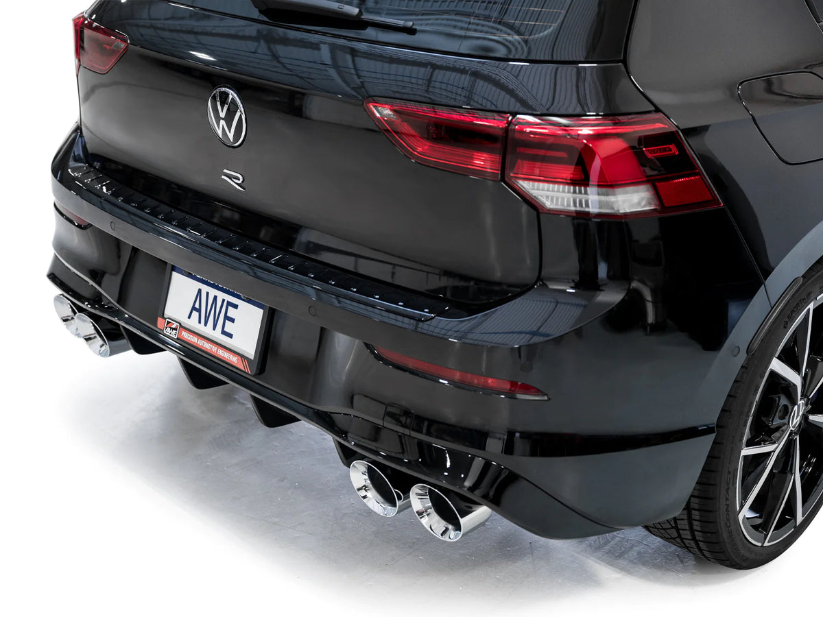 AWE MK8 Volkswagen Golf R 3in Track Edition Quad Exhaust - Chrome Silver Tips - 3020-42658