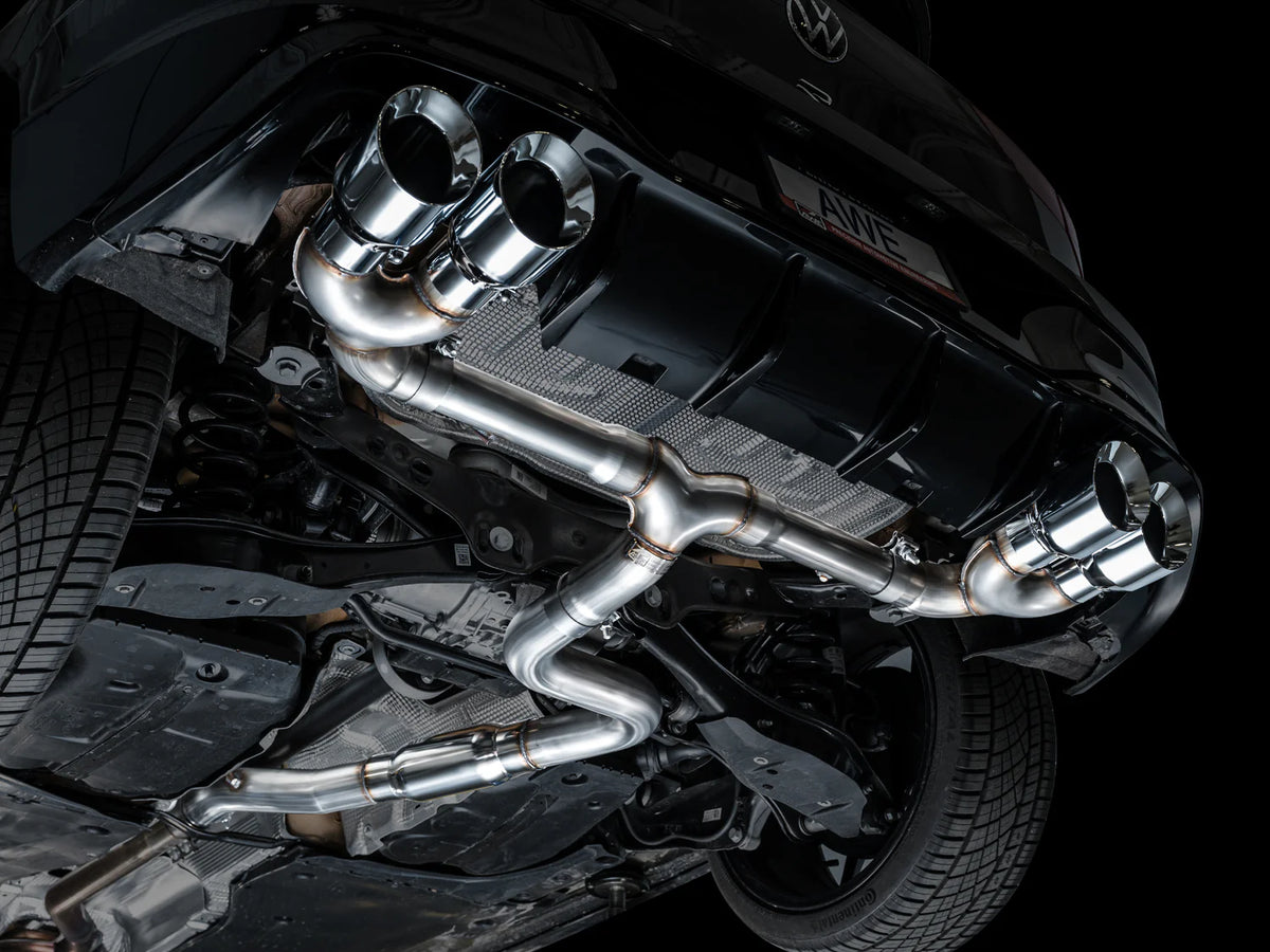 AWE MK8 Volkswagen Golf R 3in Track Edition Quad Exhaust - Chrome Silver Tips - 3020-42658