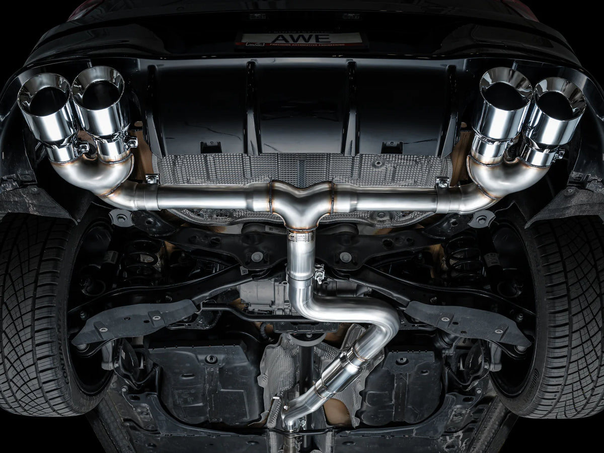 AWE MK8 Volkswagen Golf R 3in Track Edition Quad Exhaust - Chrome Silver Tips - 3020-42658