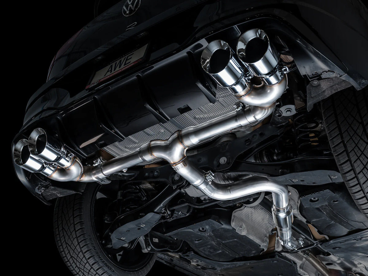 AWE MK8 Volkswagen Golf R 3in Track Edition Quad Exhaust - Chrome Silver Tips - 3020-42658