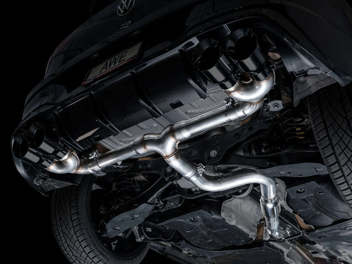 AWE MK8 Volkswagen Golf R 3in Track Edition Quad Exhaust - Diamond Black Tips - 3020-43658