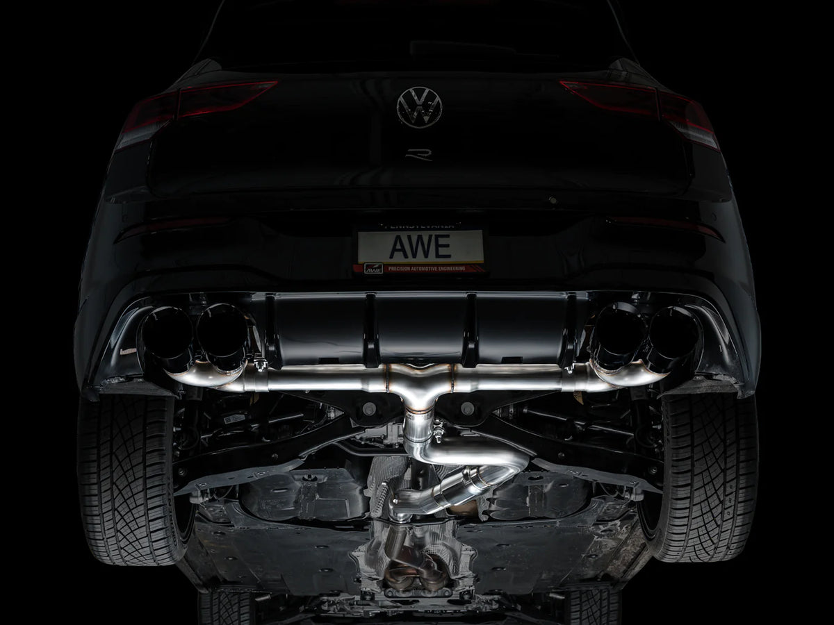 AWE MK8 Volkswagen Golf R 3in Track Edition Quad Exhaust - Diamond Black Tips - 3020-43658
