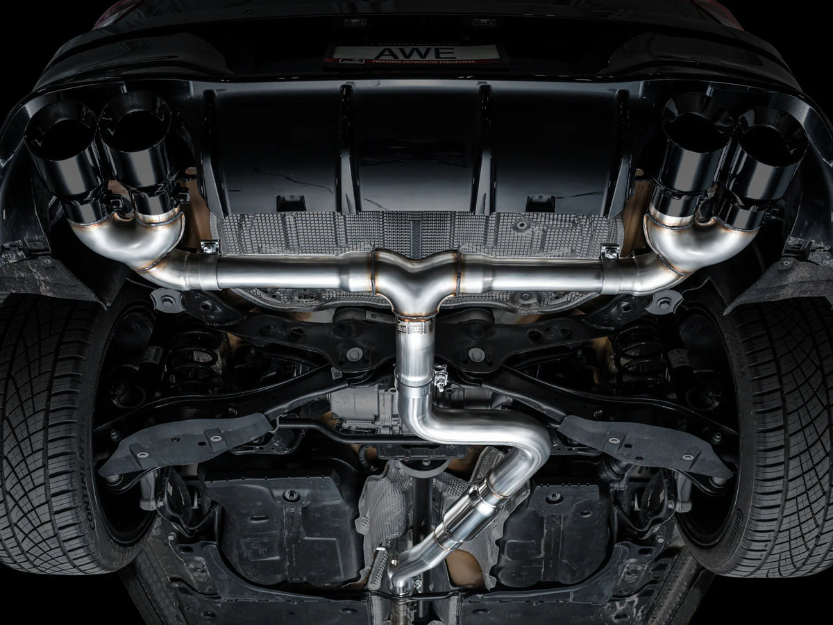 AWE MK8 Volkswagen Golf R 3in Track Edition Quad Exhaust - Diamond Black Tips - 3020-43658