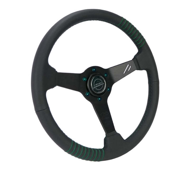 NRG Steering Wheel 1.5in Dish 350mm Black Perforated Leather - Emerald Stitching - Reinforced Spoke - RST-037MB-B-20 - close-up view 2 3