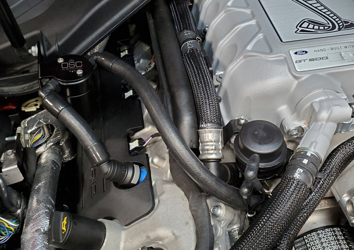 J&L 2020-2022 Ford Mustang GT500 Passenger Side Oil Separator 3.0 - Black Anodized - 3054P-B