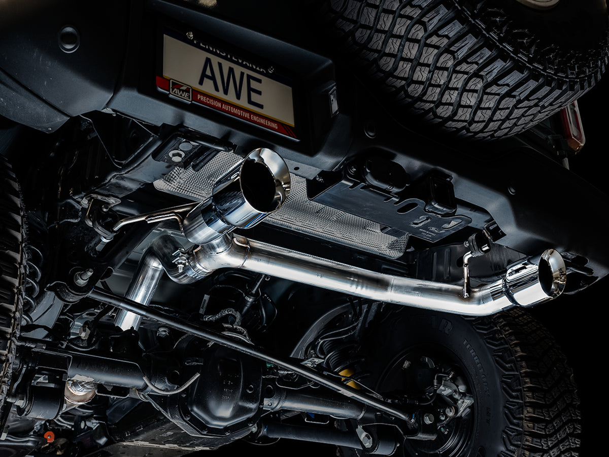 AWE Tuning 2021+ Ford Bronco 0FG Dual Rear Exit Exhaust w/Chrome Silver Tips & Bash Guard - 3015-32456