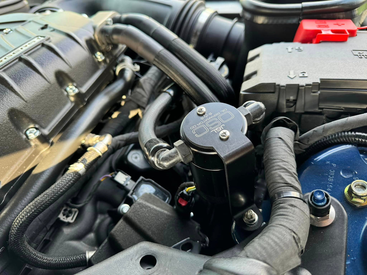J&L 2024 Ford Mustang GT w/ Whipple Supercharger Oil Separator 3.0 PCV Side - Black Anodized - 3092P-B