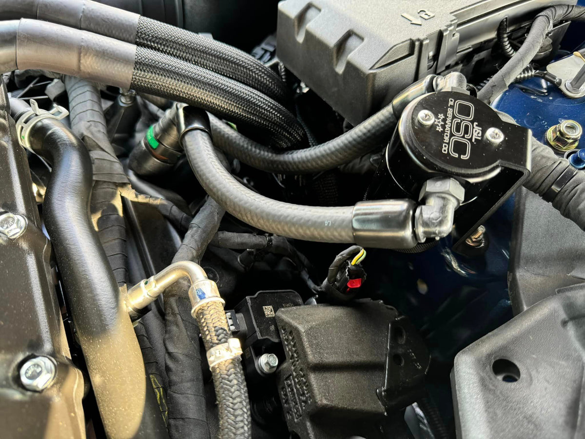 J&L 2024 Ford Mustang GT w/ Whipple Supercharger Oil Separator 3.0 PCV Side - Black Anodized - 3092P-B