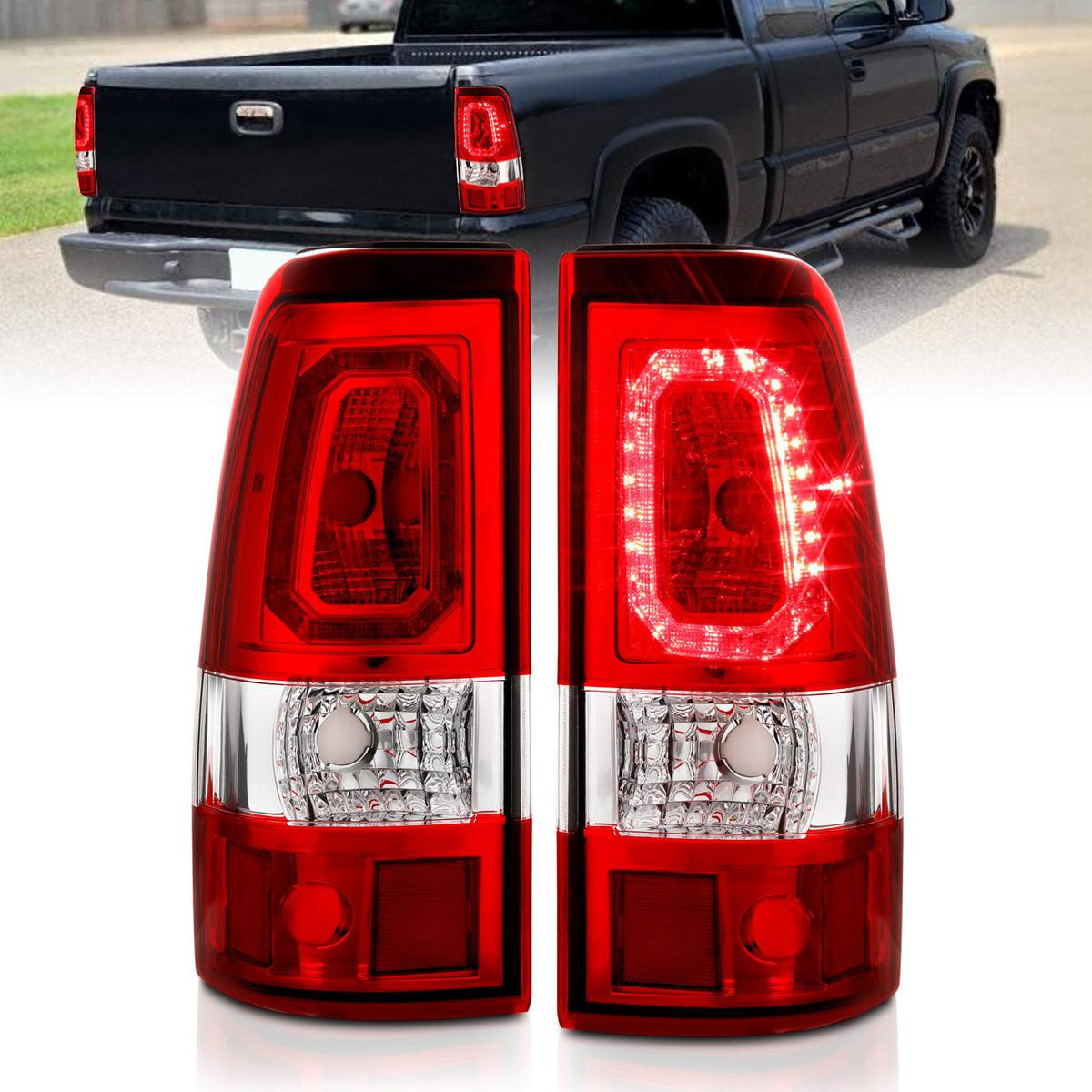 ANZO 1999-2002 Chevy Silverado 1500 LED Taillights Plank Style Chrome With Red/Clear Lens - 311326 for 1999-2007 GMC Sierra 1