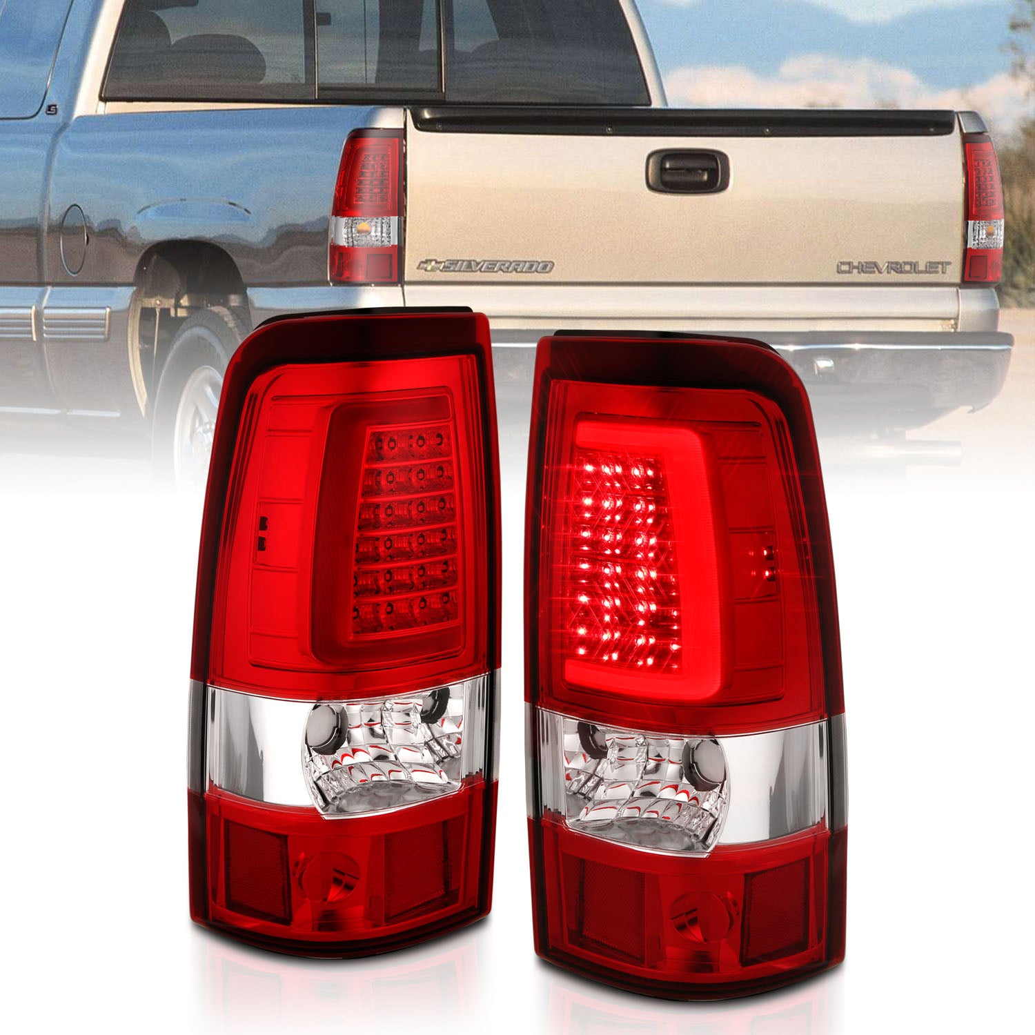 ANZO 2003-2006 Chevy Silverado 1500 LED Taillights Plank Style Chrome With Red/Clear Lens - 311335 for 2003-2007 Chevrolet Si