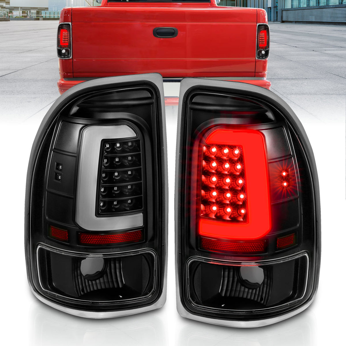 ANZO 1997-2004 Dodge Dakota LED Taillights Black Housing Clear Lens Pair - 311347 for 1997-2004 Dodge Dakota - front view