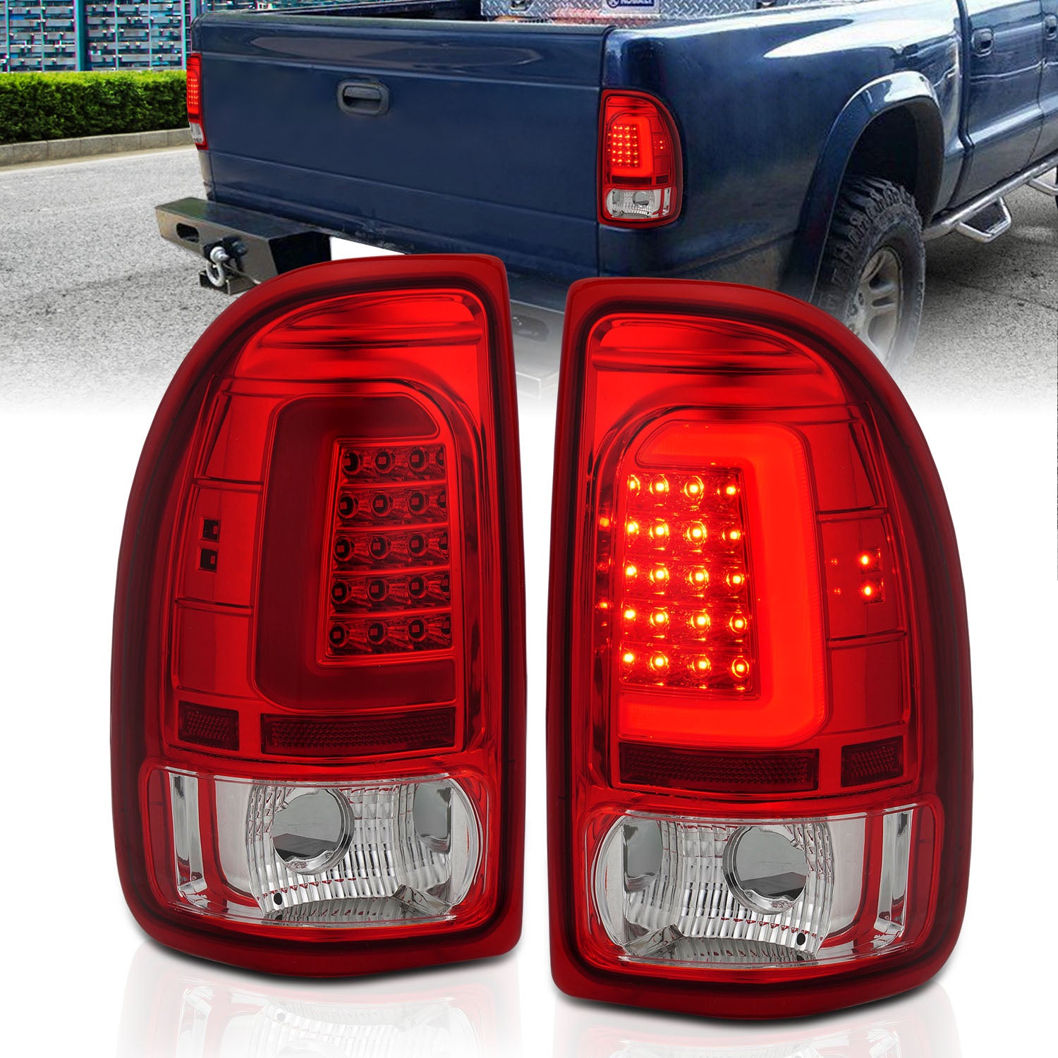 ANZO 1997-2004 Dodge Dakota LED Taillights Chrome Housing Red Lens Pair - 311349 for 1997-2004 Dodge Dakota - front view